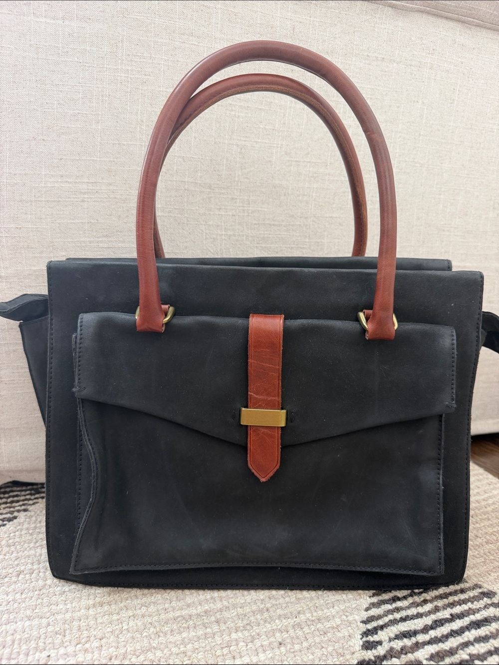 Madewell Black Suede Satchel with Brown Leather Handles